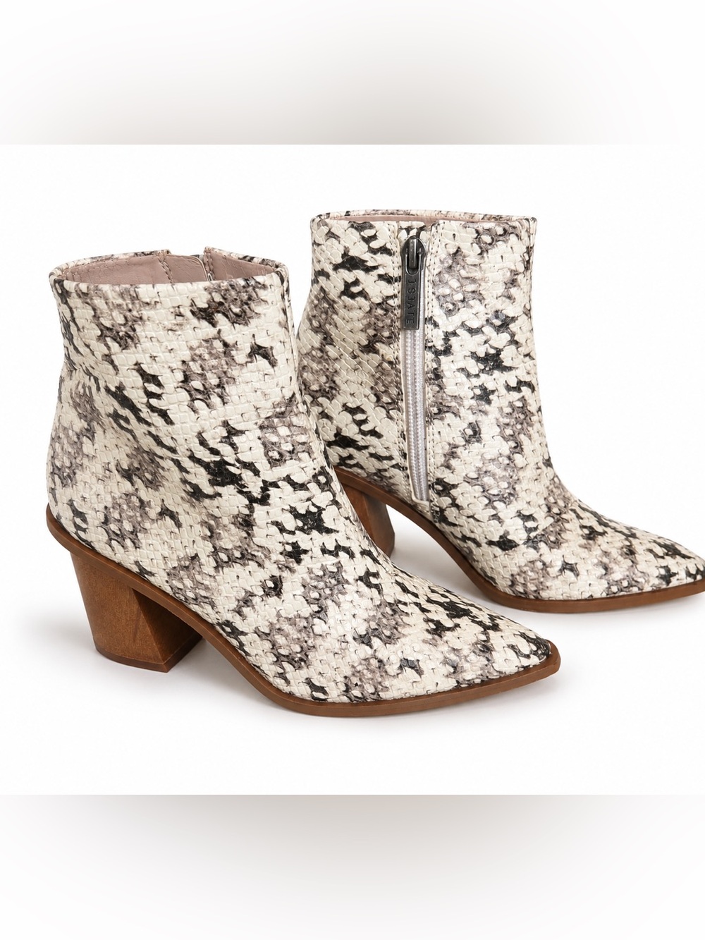 1 STATE Kelte Roccia Snake Print Leather Bootie Woodgrain Block Heel Pointed Toe - Picture 3 of 16